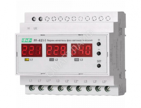 Переключатель фаз автоматический PF-451-1 (2 режима работы: с или без приоритетной фазы. Порог переключения: нижний 140-210В; верхний 240-300В; 3х63А монтаж на DIN-рейке) F&F EA04.005.005 - smartlife-ural.ru – Екатеринбург