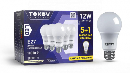 Набор ПРОМО лампа светодиодная 12Вт А60 3000К Е27 176-264В (Promo 5+1 шт) TOKOV ELECTRIC Promo-A60-E27-12-3K - smartlife-ural.ru – Екатеринбург