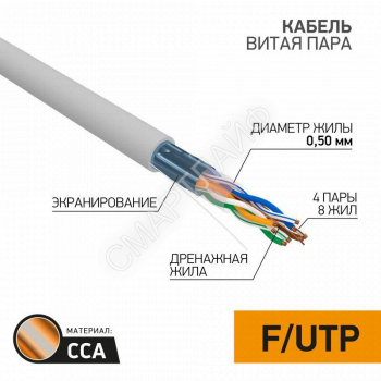 Кабель витая пара F/UTP кат.5e 4х2х0.50 24AWG solid CCA PVC INDOOR омедненный сер. (уп.25м) PROCONNECT 01-0142-3-25 - smartlife-ural.ru – Екатеринбург