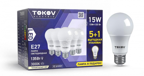 Набор ПРОМО лампа светодиодная 15Вт А60 3000К Е27 176-264В (Promo 5+1 шт) TOKOV ELECTRIC Promo-A60-E27-15-3K - smartlife-ural.ru – Екатеринбург