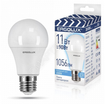 Лампа светодиодная LED-A60-11W-E27-4K 11Вт грушевидная 4500К бел. E27 180-240В ЛОН ПРОМО Ergolux 14459 - smartlife-ural.ru – Екатеринбург