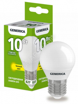 Лампа светодиодная G45 10Вт шар 3000К E27 230В GENERICA LL-G45-10-230-30-E27-G - smartlife-ural.ru – Екатеринбург